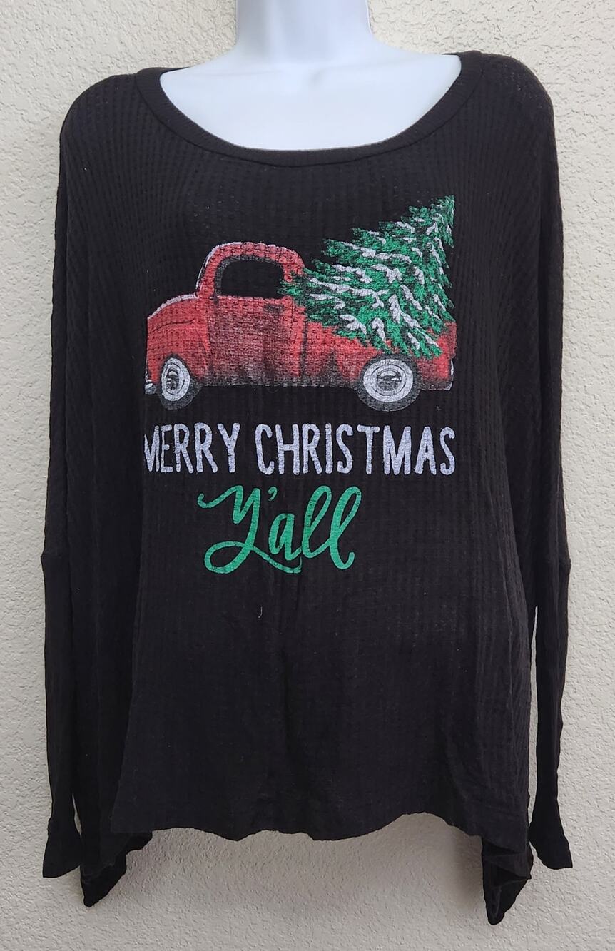 Zutter Black Red Green Merry Christmas Y'all Waffle Knit Top Small Lightweight